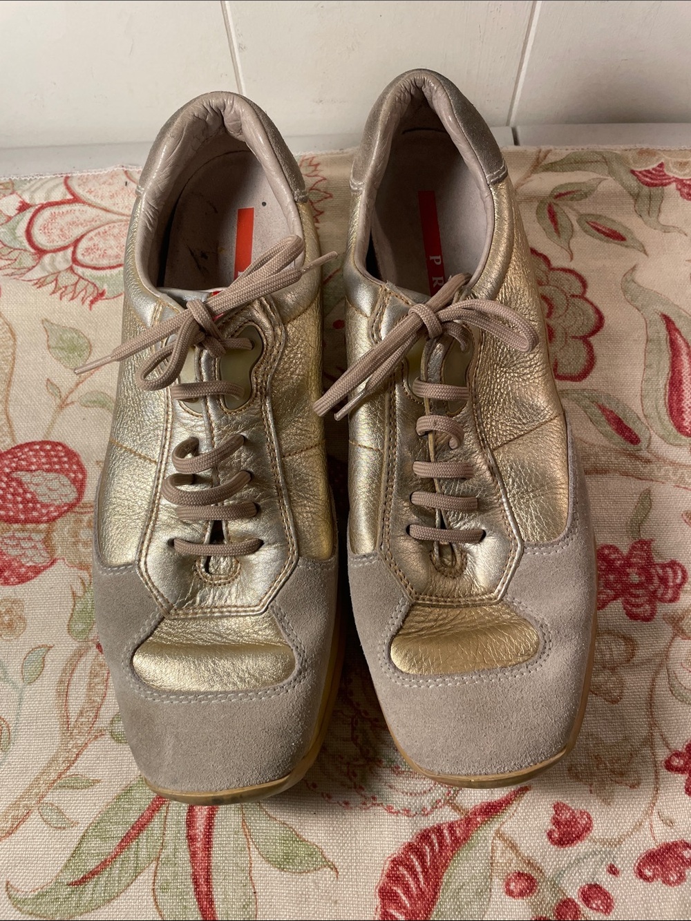 Prada Vintage Gold Leather & Suede Women's Casual Lace-Up Sneakers